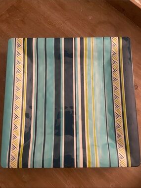 Bobby Flay melamine Striped Square Dinner Plate - Teal, Navy & Yellow